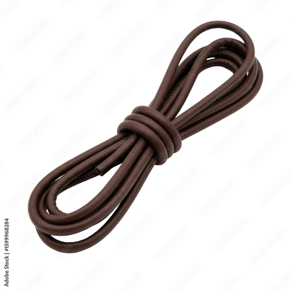 Naklejka premium Dark brown faux leather cord, unblemished, smooth texture, neatly coiled or draped, on a transparent isolated background with studio lighting. Concept for product material display
