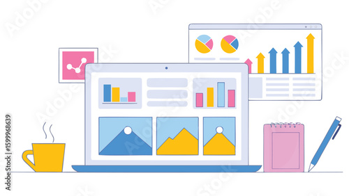Illustration of a laptop displaying charts next to a cup of coffee and a pen on a white background