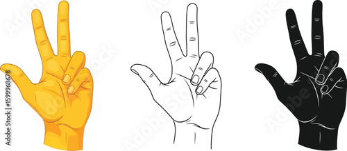 Three fingers up hand gesture vector illustration set for design and creative projects stock image