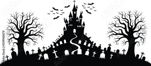 Spooky Halloween castle silhouette with barren trees and bats flying over a graveyard