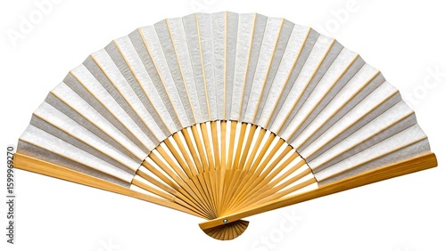 Elegant open hand fan with white paper and bamboo isolated on a white background