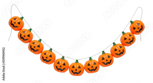 A festive halloween garland made of small jackolantern pumpkins strung together on a transparent background