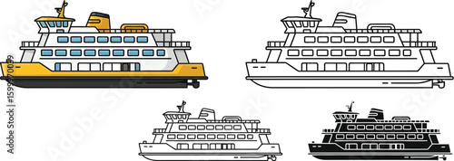 Ferry boat vector illustration set transportation ship cruise travel vessel marine design isolated graphic