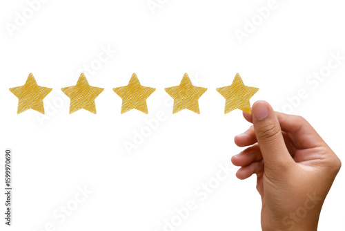 Hand holding five star customer review card floating on white background