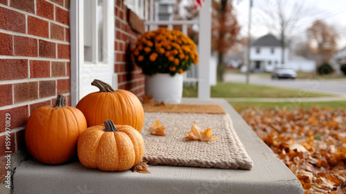 Fototapeta Naklejka Na Ścianę i Meble -  Pumpkins on a porch with fall leaves and a pot of flowers.