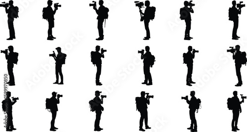 Silhouettes of photographers holding cameras in various poses