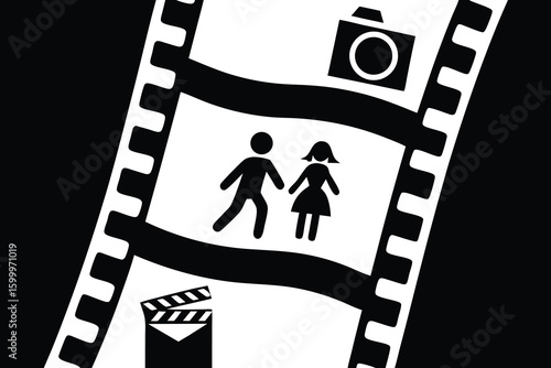 Film reel icons with camera clapperboard and people silhouettes vector