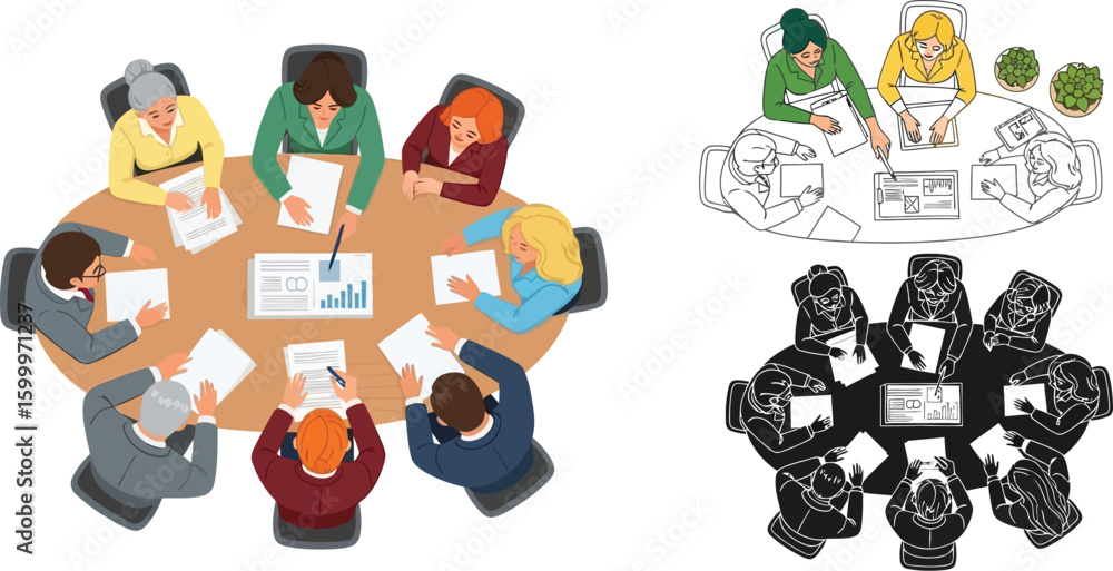 Fototapeta premium Business meeting vector illustration for teamwork brainstorming and corporate strategy discussion design