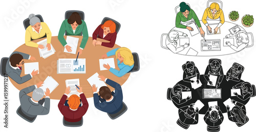 Business meeting vector illustration for teamwork brainstorming and corporate strategy discussion design