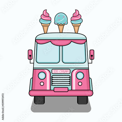 Front view food truck car vector design. Ice cream shop front view vector design. Food cart bus design for business branding. 3d ice cram shop design.