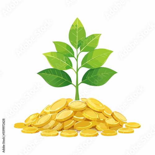 Plant growing out of coins represents financial growth and investment