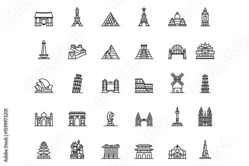 Famous Landmarks and World Monuments Icon Set Outline Style Vector of Global Tourist Attractions and Architectural Wonders