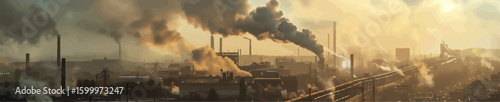 heavily industrialized city at sunset, showing factories, smokestacks, pollution, and warm glowing light across the skyline. Generative ai vector illustration. Wide banner image