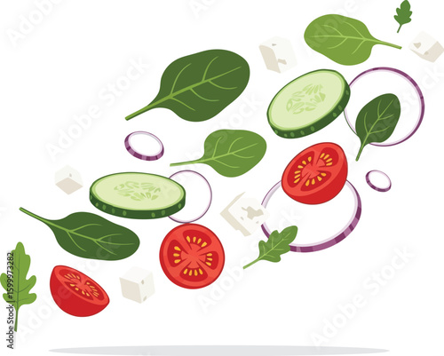 Fresh salad ingredients floating isolated on white background for healthy eating concept design