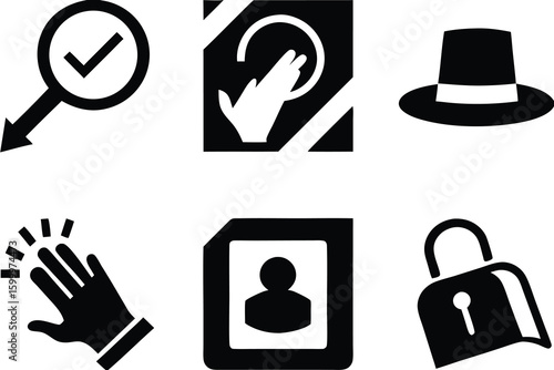 Magnifying glass checkmark hand touching screen top hat user profile padlock set of icons