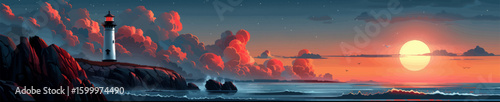 coastal lighthouse on rocky cliffs at sunset, with dramatic clouds, waves, and birds in the sky. Generative ai vector illustration. Wide banner image