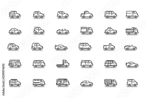 Vehicle and Car Icon Set Outline Style Vector of Sedans, SUVs, Trucks, Vans, and Utility Vehicles