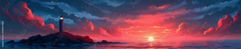 coastal lighthouse on rocky cliffs at sunset, with dramatic clouds, waves, and birds in the sky. Generative ai vector illustration. Wide banner image coastal lighthouse on rocky cliffs at sunset, with dramatic clouds, waves, and birds in the sky. Generative ai vector illustration. Wide banner image