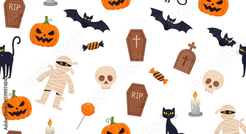 A whimsical halloween pattern featuring pumpkins, bats, mummies, skulls, and candy isolated on transparent background