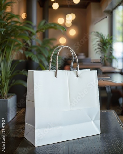 A white paper bag with a handle on a wooden table, with blurred background elements suggesting an indoor setting with plants and possibly a restaurant