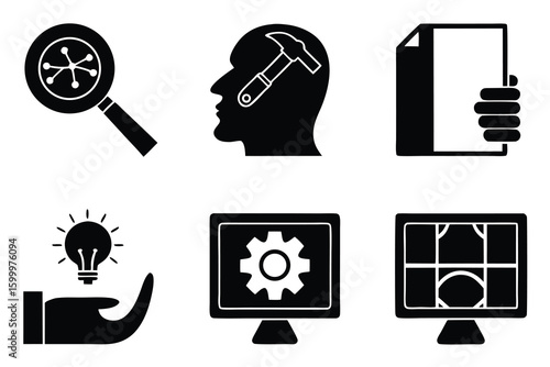 Magnifying glass with molecules head with hammer document held by hand lightbulb in hand computer with gear computer screen with grid