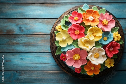 A round cake adorned with vibrant, handcrafted sugar flowers in various colors rests on a dark wooden board against a teal wood backdrop