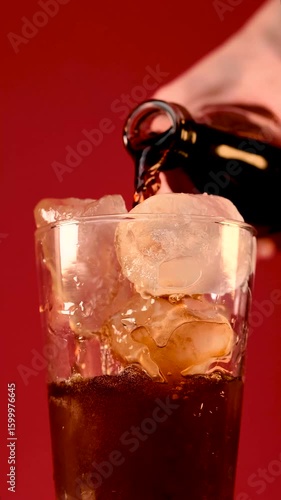 Hand of a person with a glass bottle serving soft drink in a glass full of ice, until it is full, while the drink rises, on a red background.