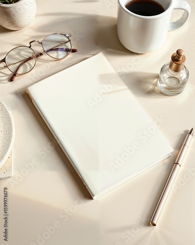 A desk setup with a white notebook, a white coffee cup, a pair of glasses, a pen, a salt shaker, and a small bottle. The background appears to be a beige or light brown color.