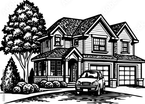 Classic Black and White Suburban Home Illustration