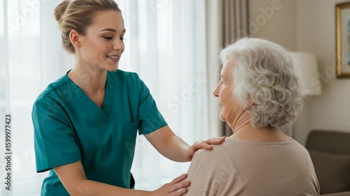 Wallpaper Mural Caring young female caregiver gently reassures elder woman indoors Torontodigital.ca