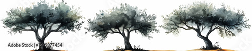 three mature olive trees with detailed branches and foliage, set against a clean white background. Generative ai vector illustration. Wide banner image