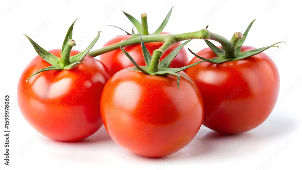 A Trio Of Cherry Tomatoes On The Vine Placed On White Surface A Trio Of Cherry Tomatoes On The Vine Placed On White Surface