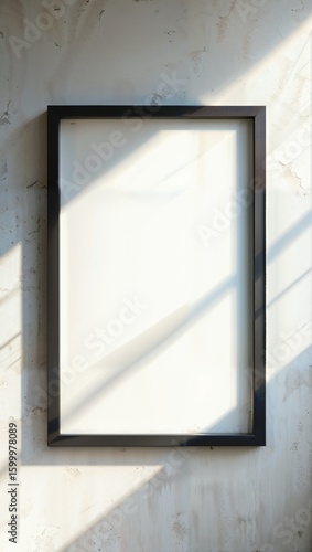 A blank white poster in a black frame, positioned against a textured wall with a window casting shadows.