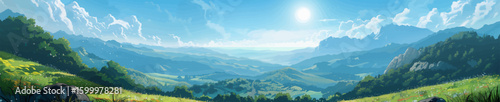 sunlit mountain valley with rolling hills, wildflowers, and dramatic sky, capturing the beauty of open nature. Generative ai vector illustration. Wide banner image