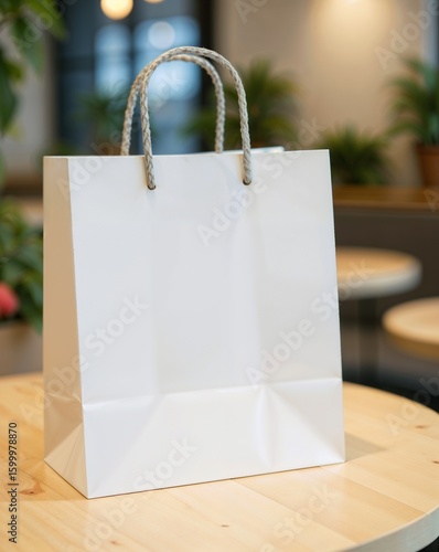 A white paper bag with a rope handle on a wooden table. The background features green plants, indicating a natural or outdoor setting.