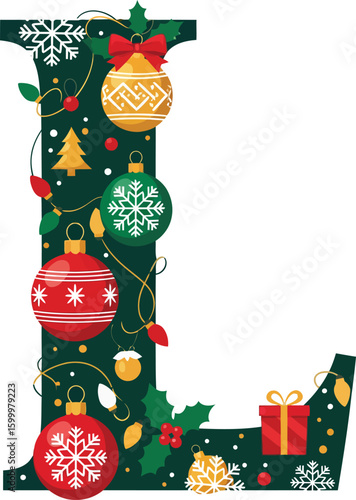 Festive Christmas Letter L with Holiday Ornaments - Vector