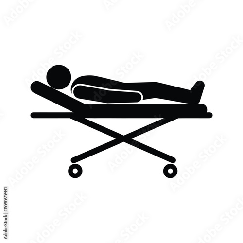 Patient on gurney hospital bed medical icon emergency room healthcare symbol pictogram vector illustration black and white simple design
