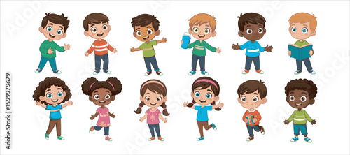 A fun collection of cartoons featuring happy kids. Multicultural children in various poses set against a white background.

