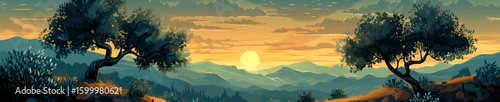 glowing sunset behind layered mountains, with dramatic shadows and twisted trees in the foreground. Generative ai vector illustration. Wide banner image