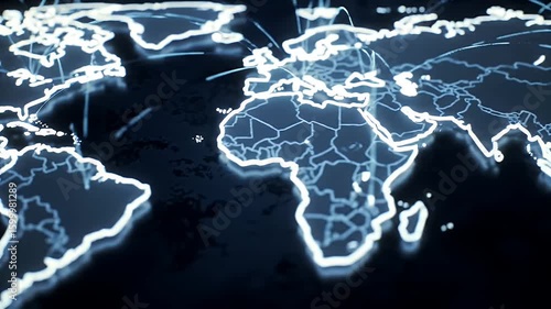 Animated digital world map with glowing lines showing global network connections technology and worldwide communication