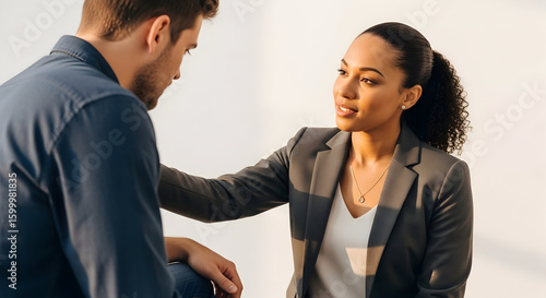 Businesswoman offering support and comfort to distressed male colleague during serious workplace discussion in modern office environment emphasizing empathy and teamwork