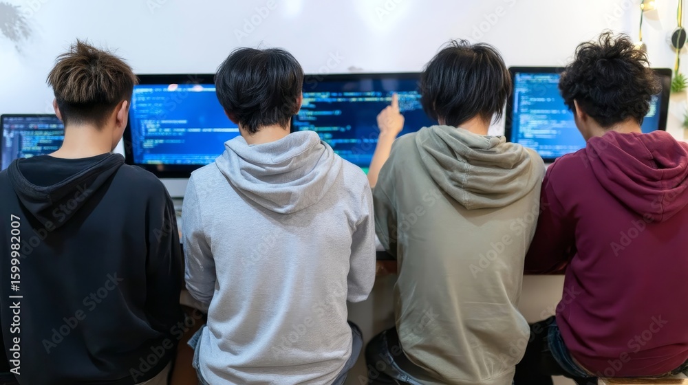 Obraz premium Group of four young male hackers in a server room, collaborating intensely as they monitor rapid code on multiple bluetinted screens, with one pointing at a firewall breach alert, emphasizing urgency
