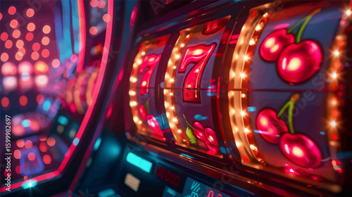 glowing slot machine showing three sevens and cherries, symbolizing a casino jackpot win with neon lights. Generative ai vector illustration. Wide banner image