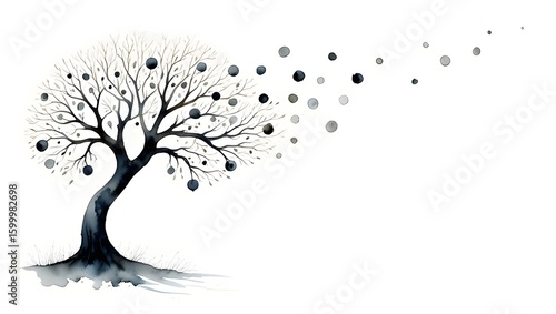 Abstract Watercolor Tree with Falling Spheres - Conceptual Art