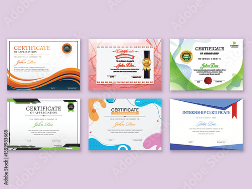 Elegant Certificate Templates Set for Participation, Membership, Internship, Achievement and Appreciation Awards.
