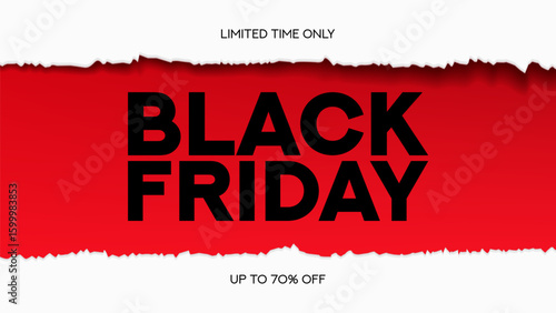 Black Friday minimalist background. Modern typography Black Friday banner with white torn or ripped paper and discount offer. Template for Black Friday sale, promotion, ads and social media ads.