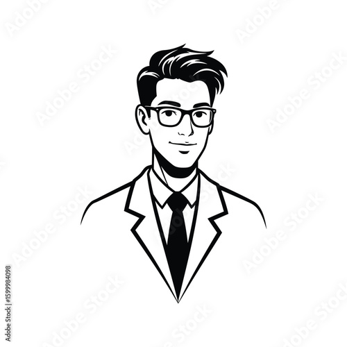 Stylish young man in glasses and suit professional portrait vector illustration black and white
