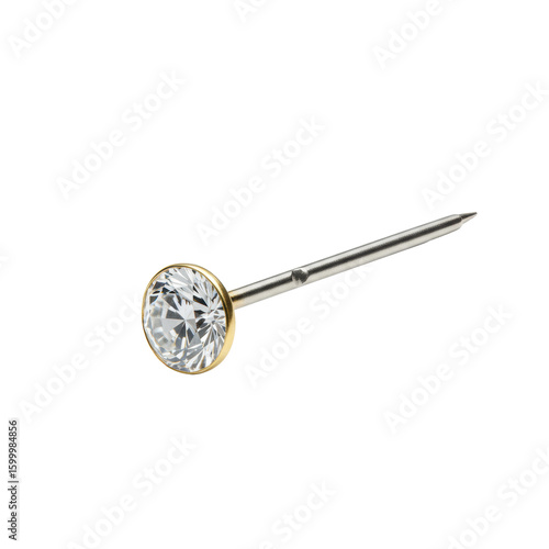Meticulously detailed gemstone brad, brilliant-cut diamond or sapphire, polished silver/gold pin, isolated on transparent background, macro studio shot. High-end commercial product photography concept