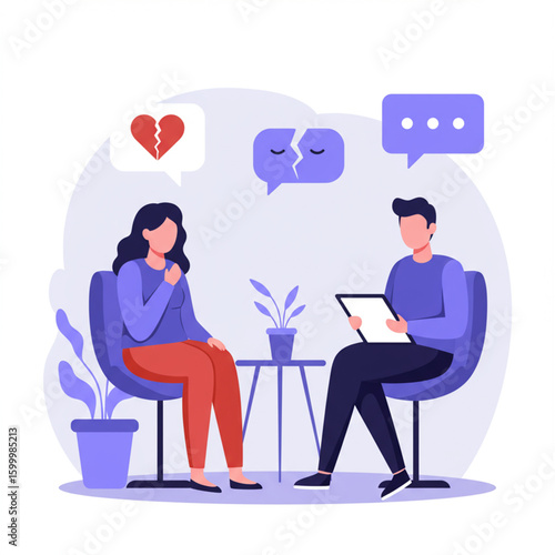 Couple in therapy session discussing relationship problems, expressing sadness and heartbreak.
