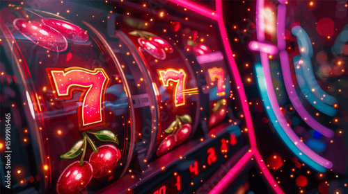 glowing slot machine showing three sevens and cherries, symbolizing a casino jackpot win with neon lights. Generative ai vector illustration. Wide banner image